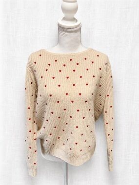 Cream Heart-Print Knit Sweater with Red Accents